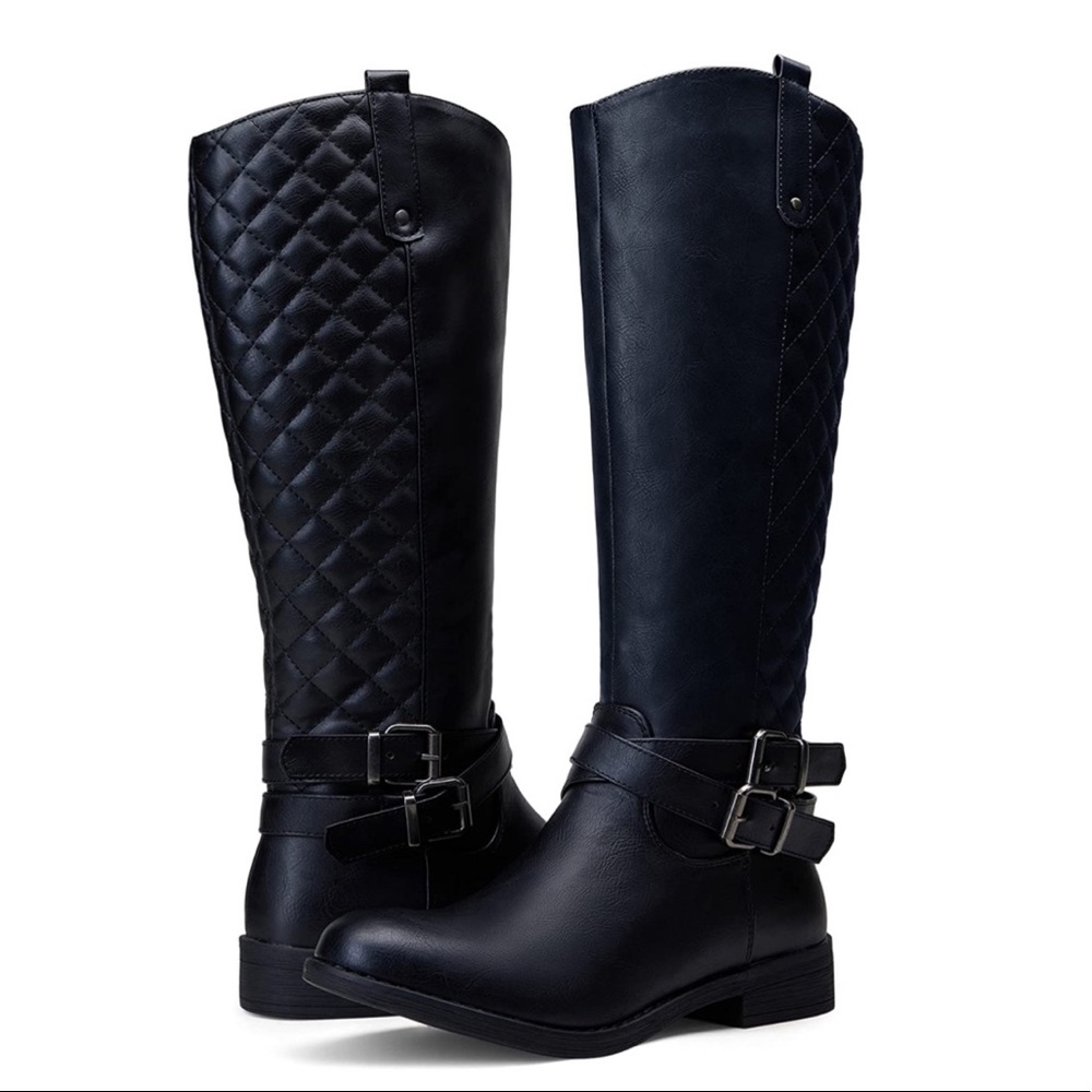 Black Riding Boots Knee High Boots Buckle Calf Boot